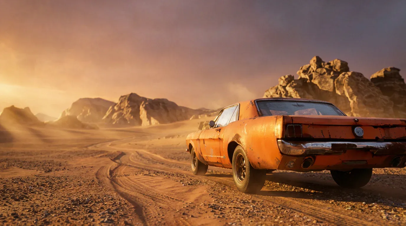 An orange muscle car in a desert canyon at sunset